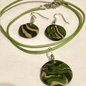 Handcrafted Clay Necklace and Earrings Camo Green One of a Kind